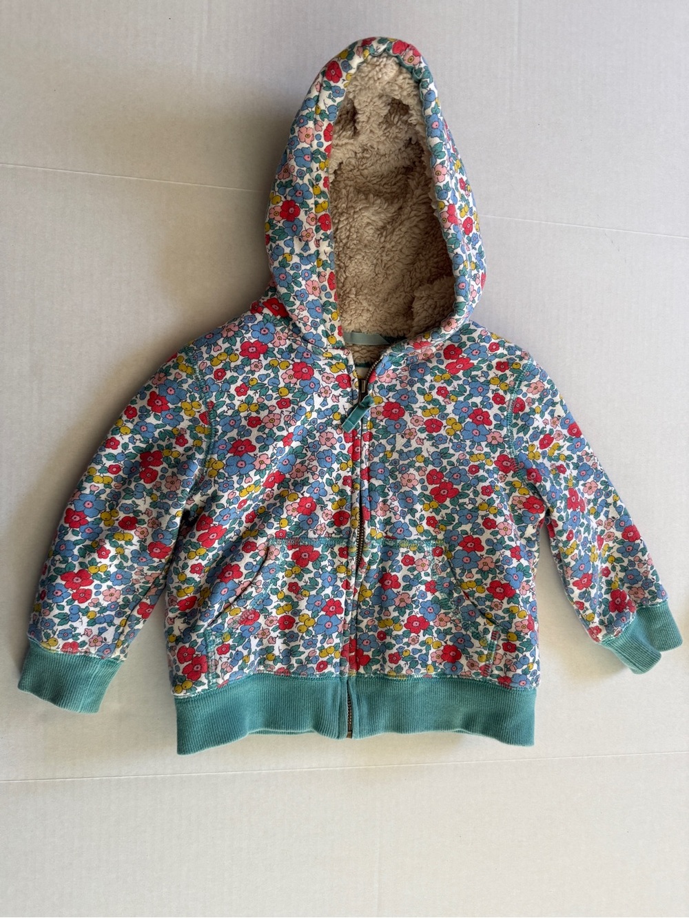 Boden Girls Floral Sherpa-Lined Zip Hoodie in Pink, Blue & Yellow